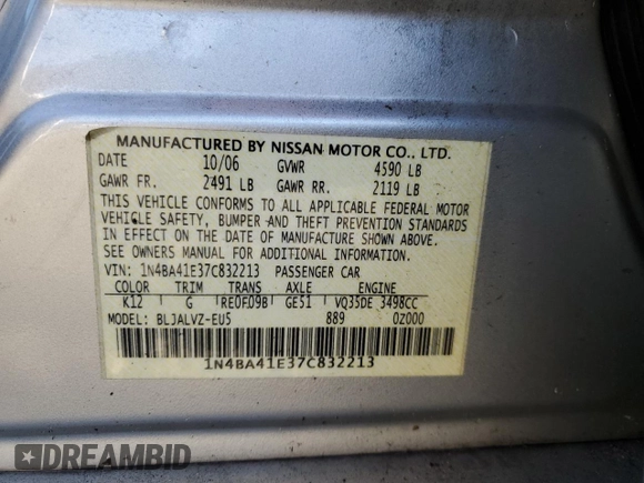 2007 Nissan Maxima 3.5 SE with VIN 1N4BA41E37C832213, listed as a Copart auction lot 77741234 with 251,597 mi miles and Salvage Title. Bid and sale history available at carsss.com. Image 15.