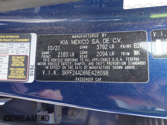 2022 Kia Forte LXS with VIN 3KPF24AD6NE428098, listed as a IAAI auction lot 41340085 with 45,191 mi miles and . Bid and sale history available at DreamBid. Image 9.