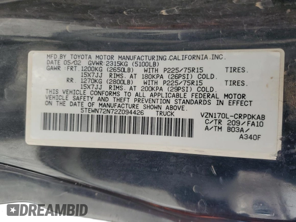 2002 Toyota Tacoma z VIN 5TEWN72N72Z094426, wystawiony jako Copart lot #45386145 z przebiegiem 159 355 mil mil oraz Szkoda całkowita • Salvage title. Historia ofert i sprzedaży dostępna na DreamBid. Obrazek 13.
