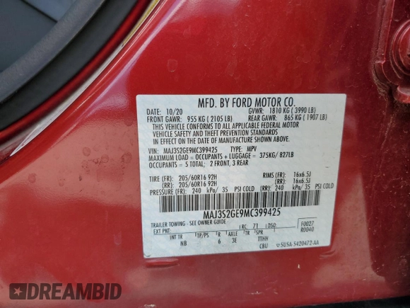 2021 Ford EcoSport SE with VIN MAJ3S2GE9MC399425, listed as a Copart auction lot 51862065 with 45,142 mi miles and Salvage Title. Bid and sale history available at carsss.com. Image 13.