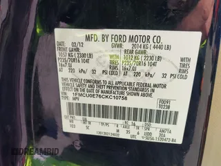 2012 Ford Escape Limited with VIN 1FMCU0E76CKC10758, listed as a IAAI auction lot 42116295 with 219,364 mi miles. Bid and sale history available at carsss.com. Image 9.