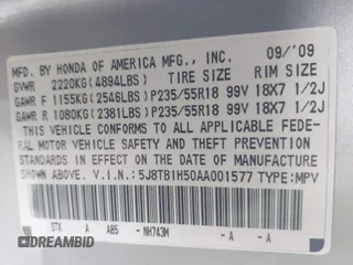 2010 Acura RDX Technology с VIN 5J8TB1H50AA001577, выставлен на аукционе IAAI как лот 42073942 с пробегом 165 508 миль миль и . История ставок и продаж доступна на DreamBid. Изображение 9.