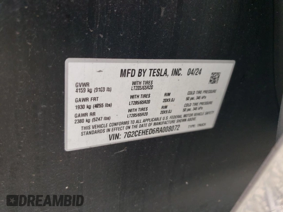2024 Tesla Cybertruck z VIN 7G2CEHED6RA008072, wystawiony jako Copart lot #70886484 z przebiegiem 11 268 mil mil oraz Szkody całkowita. Historia ofert i sprzedaży dostępna na DreamBid. Obrazek 13.