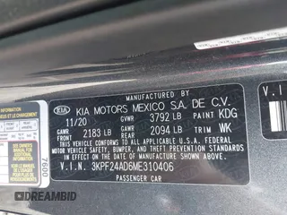 2021 Kia Forte FE with VIN 3KPF24AD6ME310406, listed as a IAAI auction lot 41888723 with 59,281 mi miles. Bid and sale history available at carsss.com. Image 9.