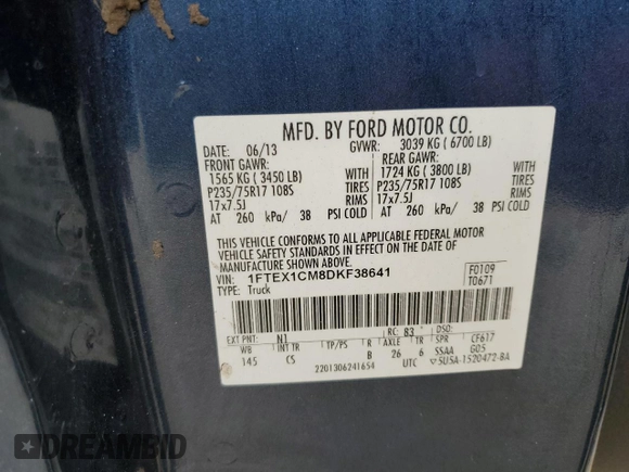 2013 Ford F-150 XL with VIN 1FTEX1CM8DKF38641, listed as a Copart auction lot 54183115 with 92,938 mi miles and Salvage Title. Bid and sale history available at carsss.com. Image 12.