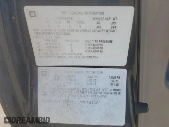 2000 Oldsmobile Alero GLS z VIN 1G3NF52E5YC322556, wystawiony jako Copart lot #85916554 z przebiegiem 169 600 mil mil oraz Szkoda całkowita • Salvage title. Historia ofert i sprzedaży dostępna na DreamBid. Obrazek 14.