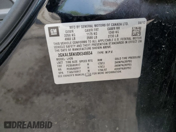 2013 GMC Terrain SLE with VIN 2GKALSEK9D6340654, listed as a Copart auction lot 56953305 with 185,300 mi miles and Salvage title. Bid and sale history available at DreamBid. Image 13.