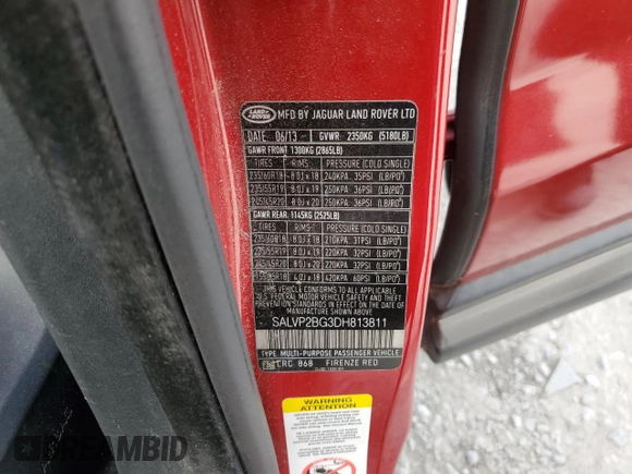 2013 Land Rover Range Rover Evoque Pure Plus with VIN SALVP2BG3DH813811, listed as a Copart auction lot 57593345 with 123,993 mi miles and Clean title. Bid and sale history available at DreamBid. Image 13.
