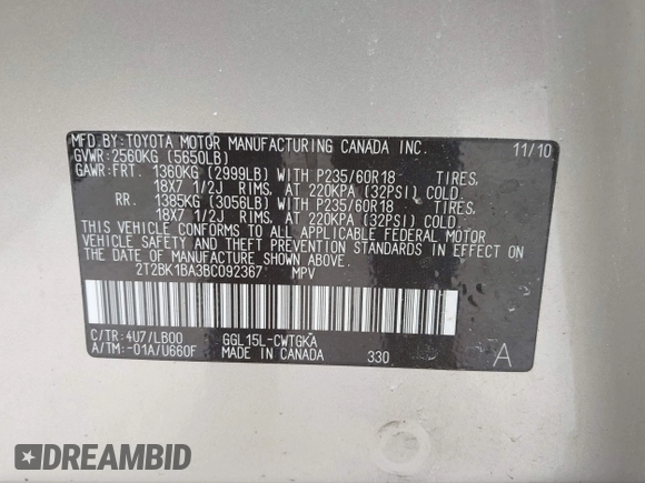 2011 Lexus RX 350 with VIN 2T2BK1BA3BC092367, listed as a IAAI auction lot 41641965 with 146,966 mi miles and . Bid and sale history available at DreamBid. Image 9.