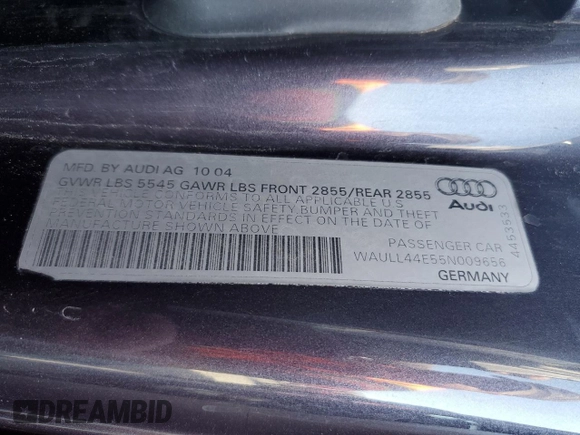 2005 Audi A8 4.2L z VIN WAULL44E55N009656, wystawiony jako Copart lot #51908155 z przebiegiem 133 848 mil mil oraz Szkoda całkowita • Salvage title. Historia ofert i sprzedaży dostępna na DreamBid. Obrazek 12.