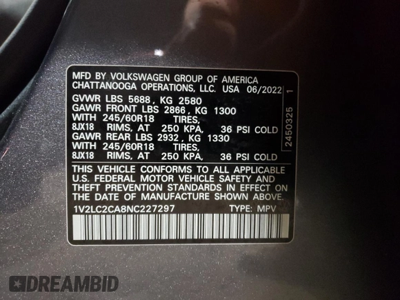 2022 Volkswagen Atlas SE с VIN 1V2LC2CA8NC227297, выставлен на аукционе Copart как лот 60211524 с пробегом 38 258 миль миль и Списание • Salvage title. История ставок и продаж доступна на DreamBid. Изображение 12.