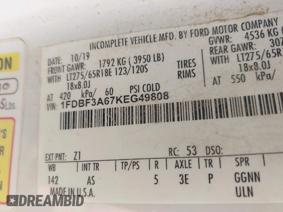 2019 Ford F-350 with VIN 1FDBF3A67KEG49808, listed as a IAAI auction lot 41907987 with 56,677 mi miles and . Bid and sale history available at DreamBid. Image 9.
