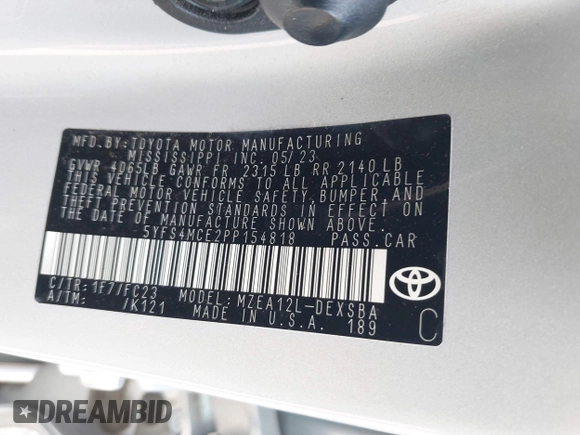2023 Toyota Corolla SE with VIN 5YFS4MCE2PP154818, listed as a IAAI auction lot 41921228 with 37,582 mi miles and . Bid and sale history available at DreamBid. Image 9.
