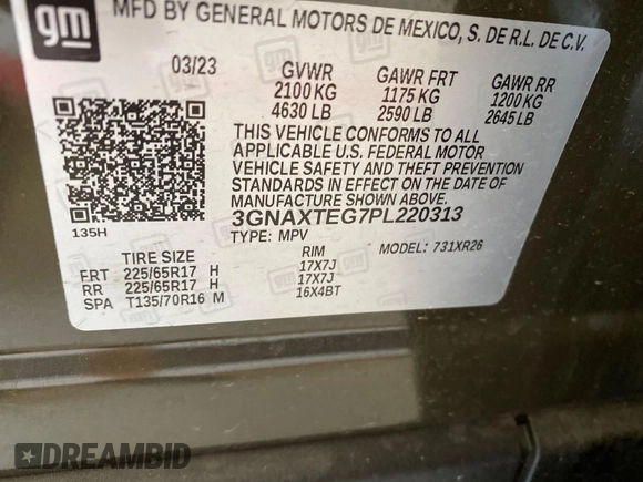 2023 Chevrolet Equinox LT with VIN 3GNAXTEG7PL220313, listed as a IAAI auction lot 42788987 with 16,367 mi miles and . Bid and sale history available at DreamBid. Image 1.