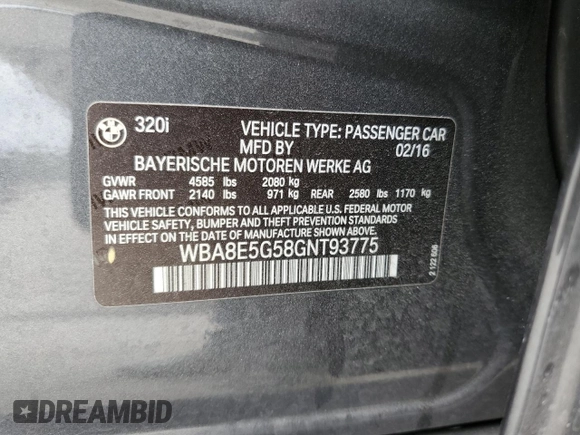 2016 BMW 3 Series 320i xDrive with VIN WBA8E5G58GNT93775, listed as a Copart auction lot 47882395 with 81,974 mi miles and Salvage Title. Bid and sale history available at carsss.com. Image 12.