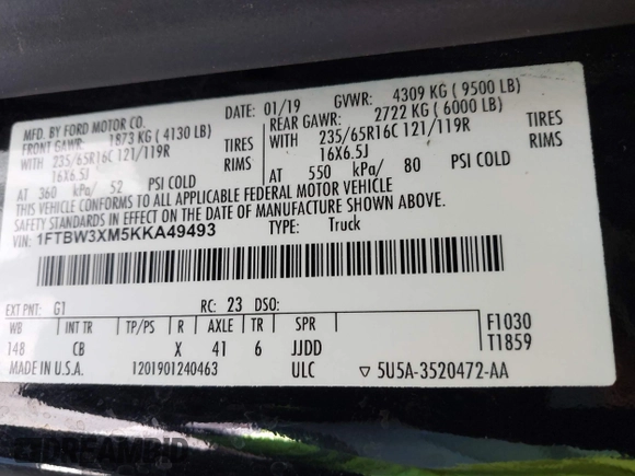 2019 Ford Transit z VIN 1FTBW3XM5KKA49493, wystawiony jako IAAI lot #42608570 z przebiegiem 40 120 mil mil oraz . Historia ofert i sprzedaży dostępna na DreamBid. Obrazek 9.