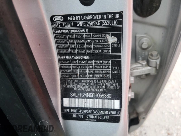 2008 Land Rover LR2 HSE with VIN SALFR24N68H069380, listed as a Copart auction lot 57876625 with Not provided miles and Salvage title. Bid and sale history available at DreamBid. Image 13.
