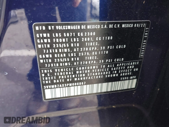 2023 Volkswagen Tiguan SE z VIN 3VVMB7AX3PM006867, wystawiony jako IAAI lot #40793976 z przebiegiem 29 648 mil mil oraz . Historia ofert i sprzedaży dostępna na DreamBid. Obrazek 9.