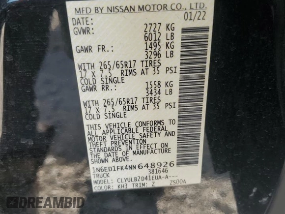 2022 Nissan Frontier SV with VIN 1N6ED1FK4NN648926, listed as a Copart auction lot 71633154 with 36,013 mi miles and Salvage Title. Bid and sale history available at carsss.com. Image 12.