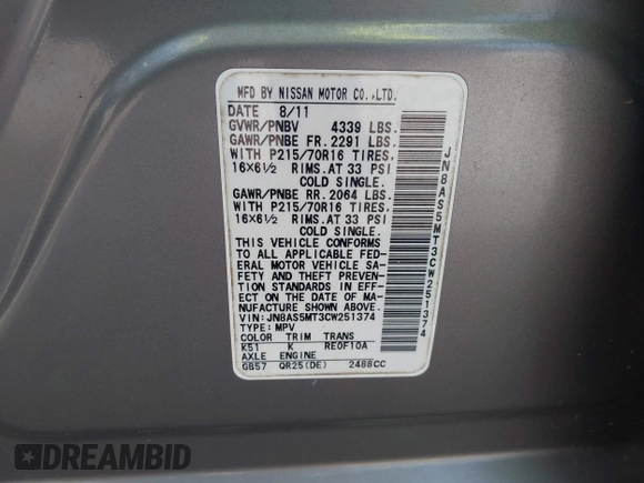 2012 Nissan Rogue SL with VIN JN8AS5MT3CW251374, listed as a IAAI auction lot 40404696 with 170,355 mi miles and . Bid and sale history available at DreamBid. Image 9.