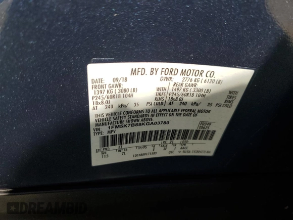 2019 Ford Explorer с VIN 1FM5K7B88KGA03780, выставлен на аукционе Copart как лот 76194404 с пробегом 57 186 миль миль и Списание • Salvage title. История ставок и продаж доступна на DreamBid. Изображение 12.