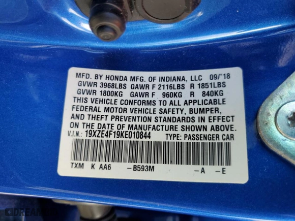 2019 Honda Insight LX with VIN 19XZE4F19KE010844, listed as a Copart auction lot 79301534 with 0 mi miles and Non Repairable. Bid and sale history available at carsss.com. Image 12.