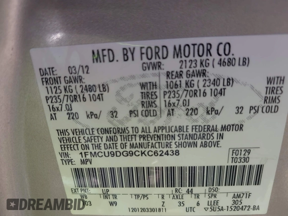 2012 Ford Escape XLT с VIN 1FMCU9DG9CKC62438, выставлен на аукционе IAAI как лот 42655392 с пробегом 129 503 миль миль и . История ставок и продаж доступна на DreamBid. Изображение 9.