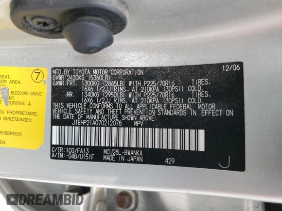 2007 Toyota Highlander z VIN JTEHP21A070212078, wystawiony jako Copart lot #60831655 z przebiegiem 111 071 mil mil oraz Czysty tytuł • Clean title. Historia ofert i sprzedaży dostępna na DreamBid. Obrazek 13.