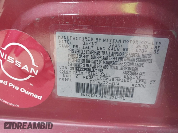 2017 Nissan Note S Plus with VIN 3N1CE2CP8HL371976, listed as a IAAI auction lot 40736840 with 101,450 mi miles and . Bid and sale history available at DreamBid. Image 9.