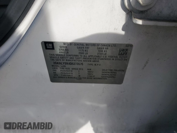 2013 GMC Terrain Denali with VIN 2GKALYEK4D6273576, listed as a Copart auction lot 43437335 with 198,731 mi miles and Salvage Title. Bid and sale history available at DreamBid. Image 13.