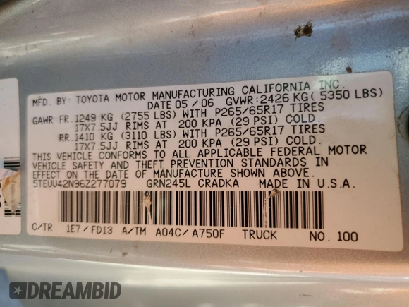 2006 Toyota Tacoma with VIN 5TEUU42N96Z277079, listed as a Copart auction lot 51057275 with 113,027 mi miles and Salvage Title. Bid and sale history available at carsss.com. Image 12.