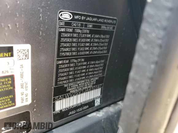 2018 Land Rover Range Rover Sport HSE Dynamic with VIN SALWV2SV1JA410147, listed as a Copart auction lot 44962665 with 84,377 mi miles and Salvage Title. Bid and sale history available at carsss.com. Image 12.