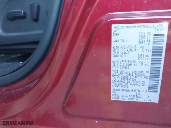2017 Nissan Pathfinder SV with VIN 5N1DR2MN9HC669673, listed as a IAAI auction lot 41357063 with 141,127 mi miles. Bid and sale history available at carsss.com. Image 9.