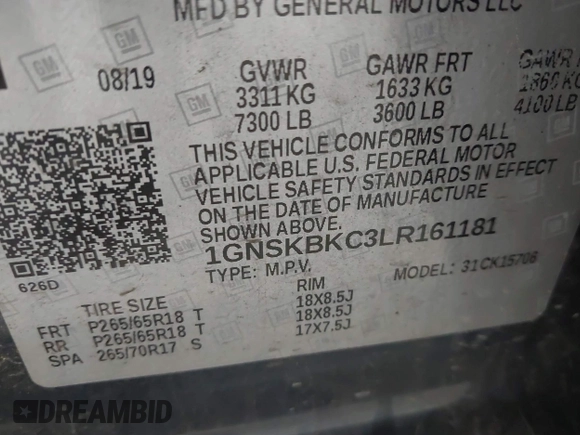 2020 Chevrolet Tahoe LT with VIN 1GNSKBKC3LR161181, listed as a IAAI auction lot 42536094 with 129,939 mi miles and . Bid and sale history available at DreamBid. Image 9.