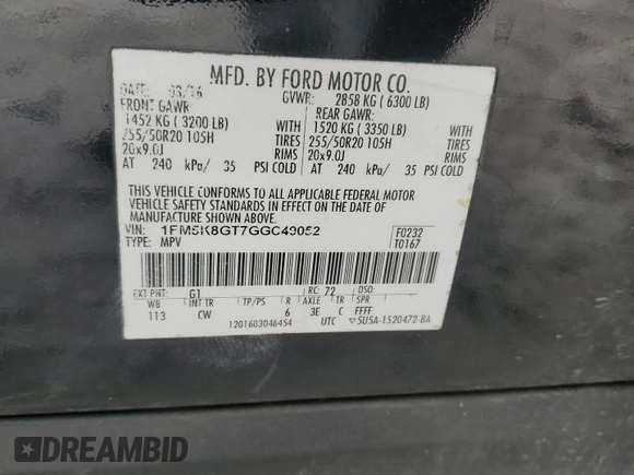2016 Ford Explorer Sport with VIN 1FM5K8GT7GGC49052, listed as a Copart auction lot 53269385 with Not Provided miles and Clean Title. Bid and sale history available at carsss.com. Image 13.