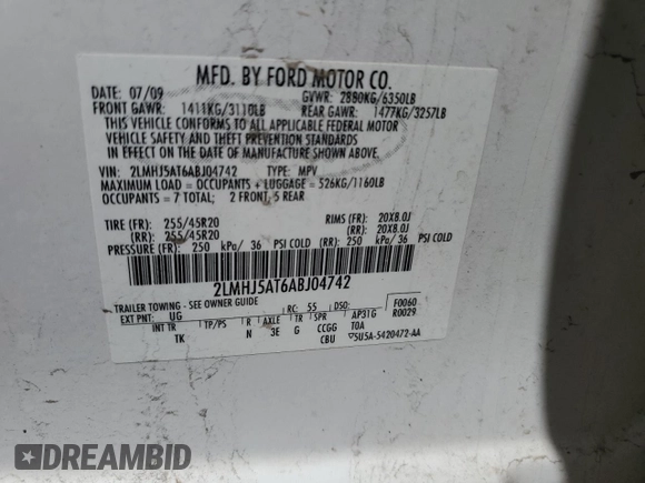 2010 Lincoln MKT EcoBoost with VIN 2LMHJ5AT6ABJ04742, listed as a Copart auction lot 48533215 with 175,565 mi miles and Salvage Title. Bid and sale history available at DreamBid. Image 15.