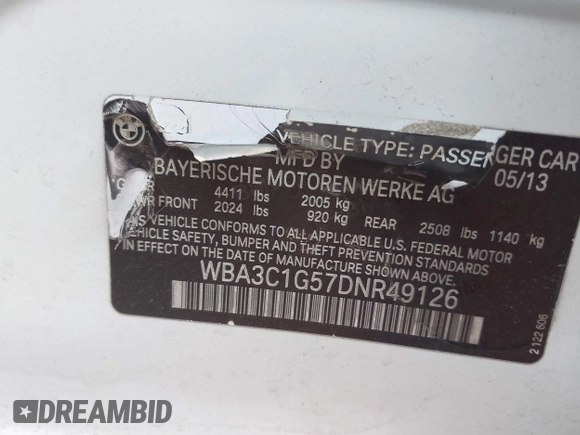 2013 BMW 3 Series 328i with VIN WBA3C1G57DNR49126, listed as a IAAI auction lot 41334342 with 164,710 mi miles and . Bid and sale history available at DreamBid. Image 9.