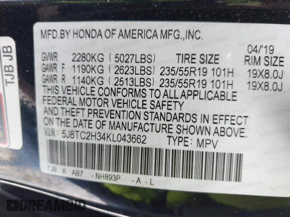 2019 Acura RDX with VIN 5J8TC2H34KL043662, listed as a IAAI auction lot 42031954 with 58,420 mi miles. Bid and sale history available at carsss.com. Image 9.