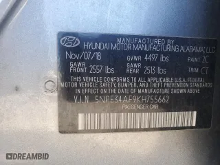 2019 Hyundai Sonata Sport with VIN 5NPE34AF9KH755662, listed as a Copart auction lot 48033335 with 0 mi miles and Salvage Title. Bid and sale history available at carsss.com. Image 13.