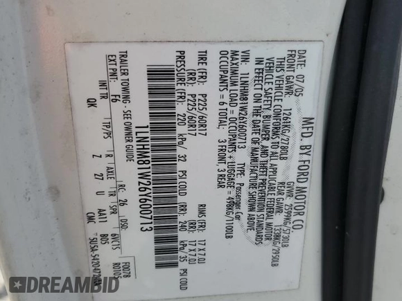 2006 Lincoln Town Car Signature z VIN 1LNHM81W26Y600713, wystawiony jako Copart lot #56341385 z przebiegiem Nie podano mil oraz Szkoda całkowita • Salvage title. Historia ofert i sprzedaży dostępna na DreamBid. Obrazek 12.