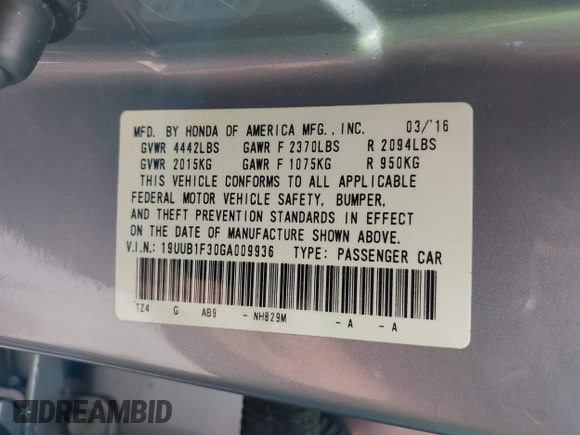 2016 Acura TLX with VIN 19UUB1F30GA009936, listed as a IAAI auction lot 42226262 with 84,293 mi miles and . Bid and sale history available at DreamBid. Image 9.