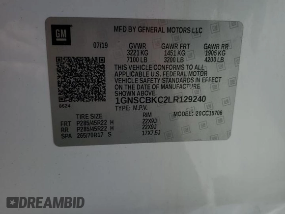 2020 Chevrolet Tahoe LT z VIN 1GNSCBKC2LR129240, wystawiony jako Copart lot #49374985 z przebiegiem 92 864 mil mil oraz Szkoda całkowita • Salvage title. Historia ofert i sprzedaży dostępna na DreamBid. Obrazek 14.