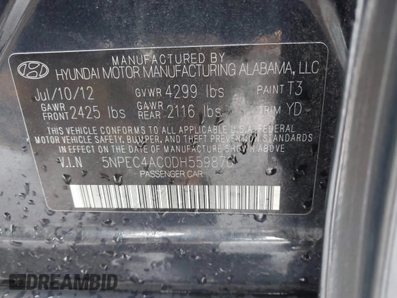 2013 Hyundai Sonata Limited with VIN 5NPEC4AC0DH559876, listed as a IAAI auction lot 39418550 with 83,353 mi miles and . Bid and sale history available at DreamBid. Image 9.