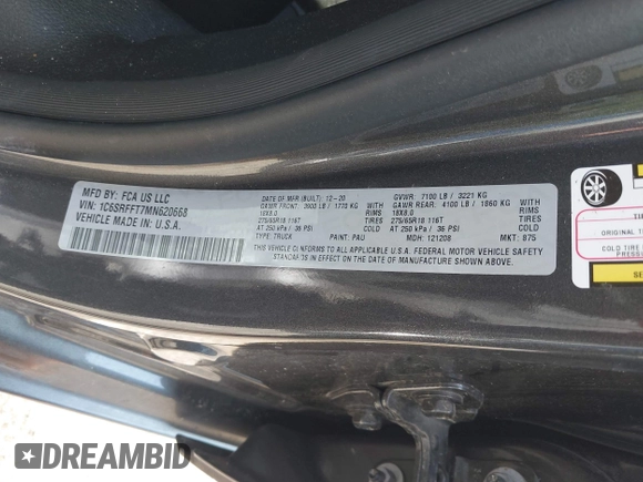 2021 Ram 1500 Big Horn with VIN 1C6SRFFT7MN620668, listed as a IAAI auction lot 42183592 with 74,829 mi miles and . Bid and sale history available at DreamBid. Image 9.