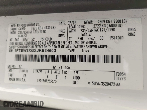 2018 Ford Transit Cargo with VIN 1FTBW3XGXJKB34600, listed as a IAAI auction lot 42017817 with 116,399 mi miles. Bid and sale history available at carsss.com. Image 9.