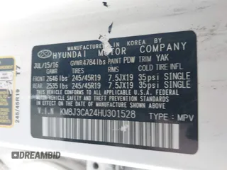 2017 Hyundai Tucson Limited z VIN KM8J3CA24HU301528, wystawiony jako IAAI lot #42296319 z przebiegiem Nie podano mil oraz . Historia ofert i sprzedaży dostępna na DreamBid. Obrazek 9.