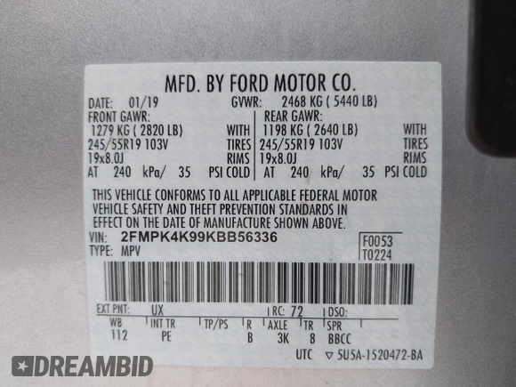 2019 Ford Edge Titanium with VIN 2FMPK4K99KBB56336, listed as a IAAI auction lot 42282600 with 52,422 mi miles and . Bid and sale history available at DreamBid. Image 9.