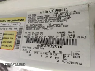 2014 Ford Fusion S with VIN 3FA6P0G78ER298657, listed as a IAAI auction lot 41634724 with Not Provided miles and . Bid and sale history available at carsss.com. Image 9.