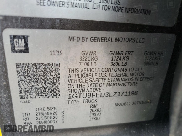 2020 GMC Sierra 1500 Denali with VIN 1GTU9FED3LZ171198, listed as a Copart auction lot 73564494 with 120,094 mi miles and Salvage title. Bid and sale history available at DreamBid. Image 12.