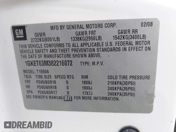 2008 GMC Envoy Denali with VIN 1GKET63M382216072, listed as a IAAI auction lot 41618044 with 148,598 mi miles. Bid and sale history available at carsss.com. Image 9.